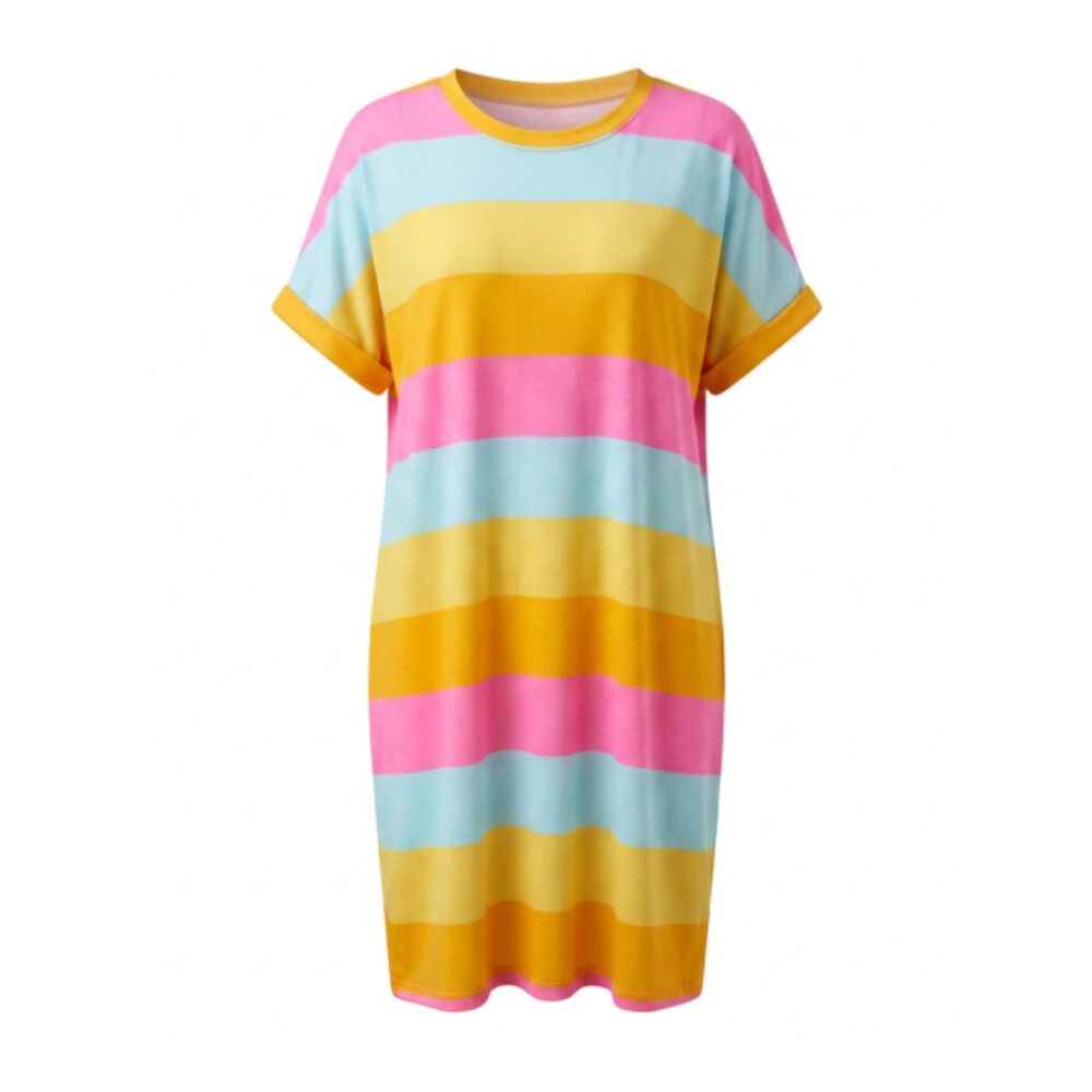 Crown & Ivy Multi-Color Striped T-Shirt Dress Cuffed Sleeve Casual Knit Large